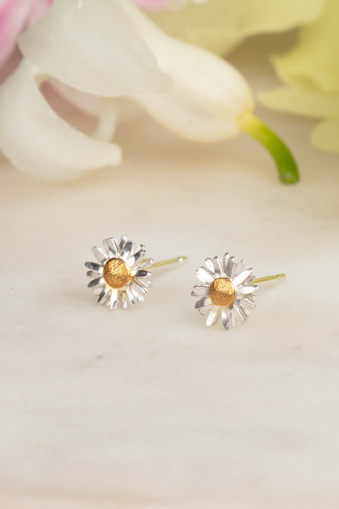 Daisy Stud Earrings in Sterling Silver and Gold - stud of the month May