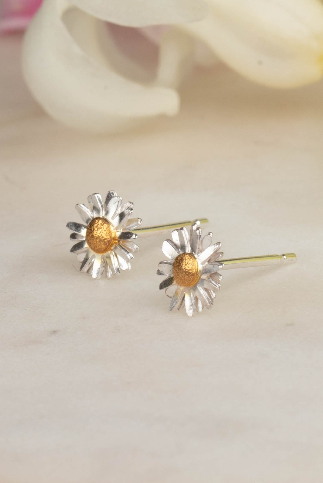 Daisy Stud Earrings in Sterling Silver and Gold - stud of the month May