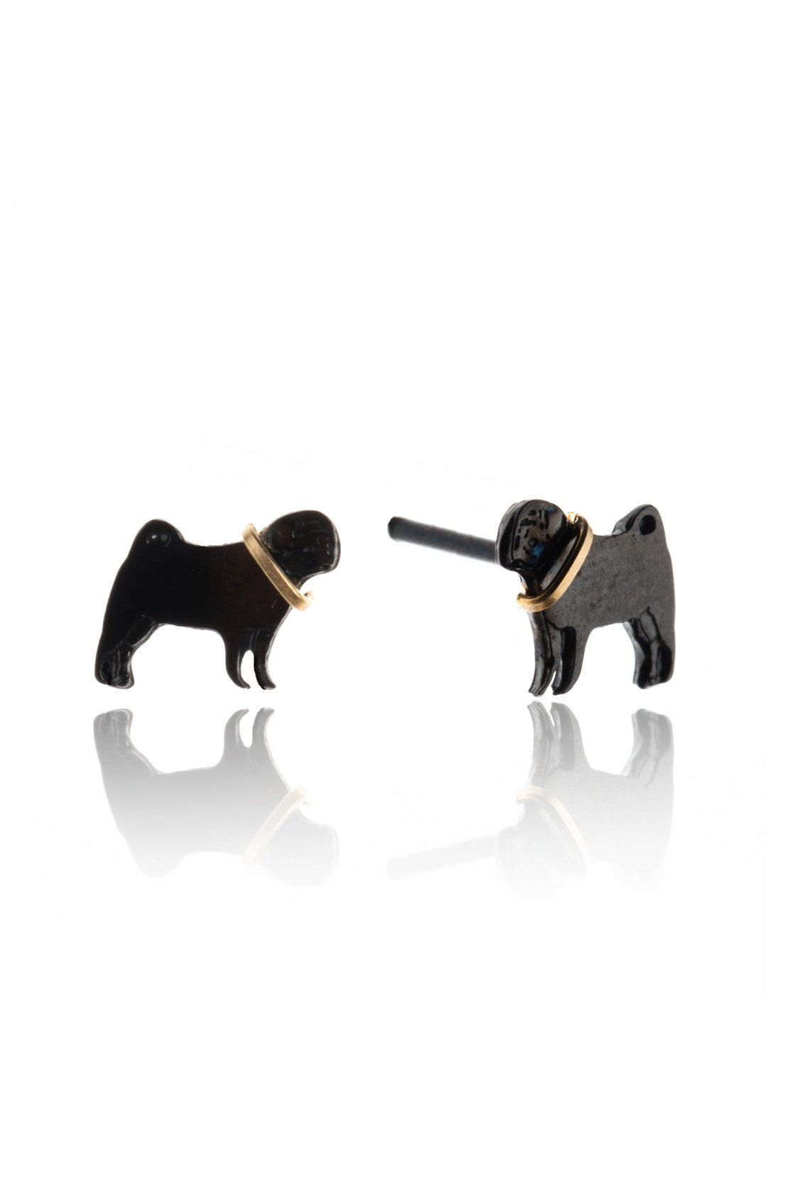 Tiny pug stud earrings in black, with a contrasting gold collar.