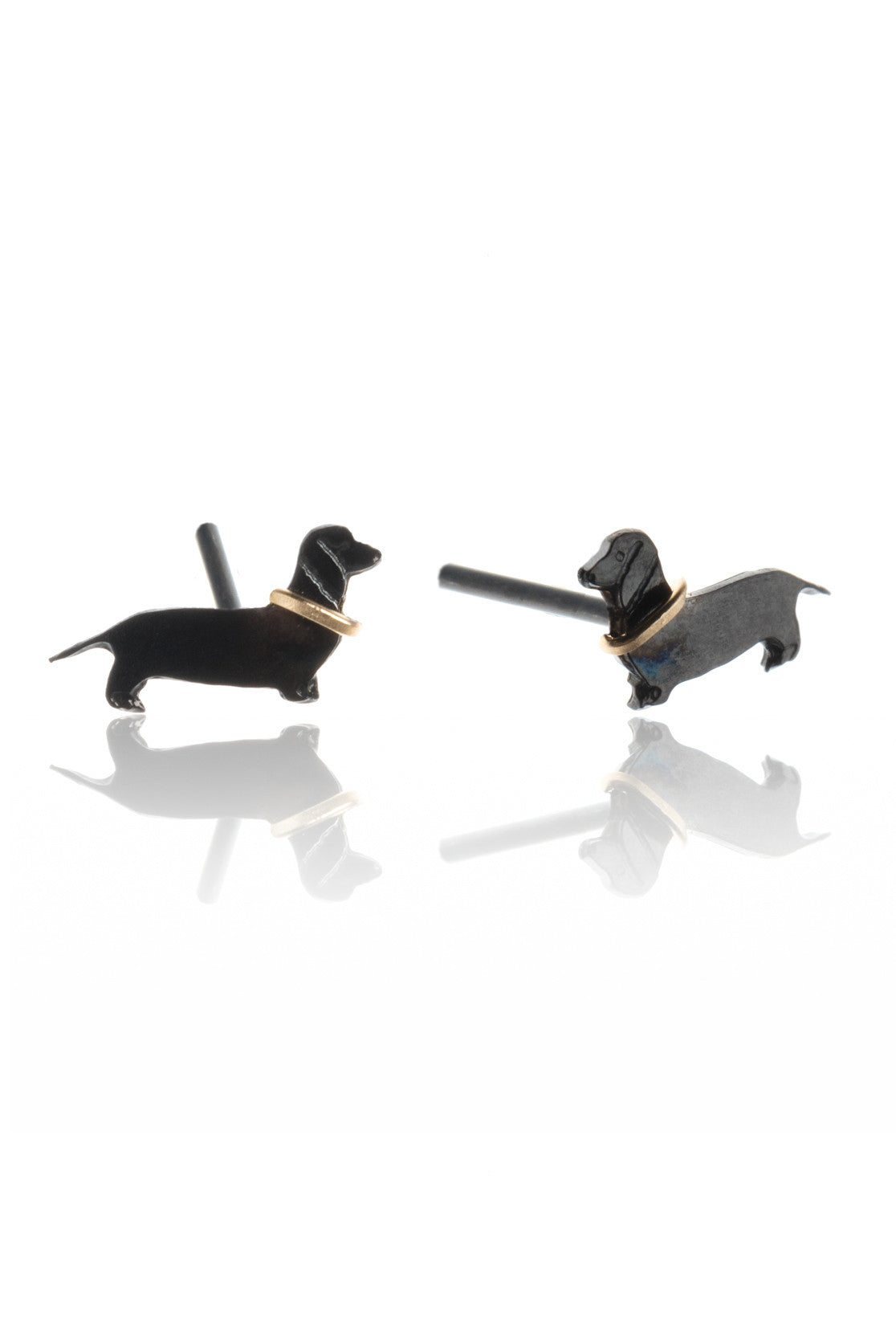 Cute sausage dog stud earrings in black with gold collar detailing
