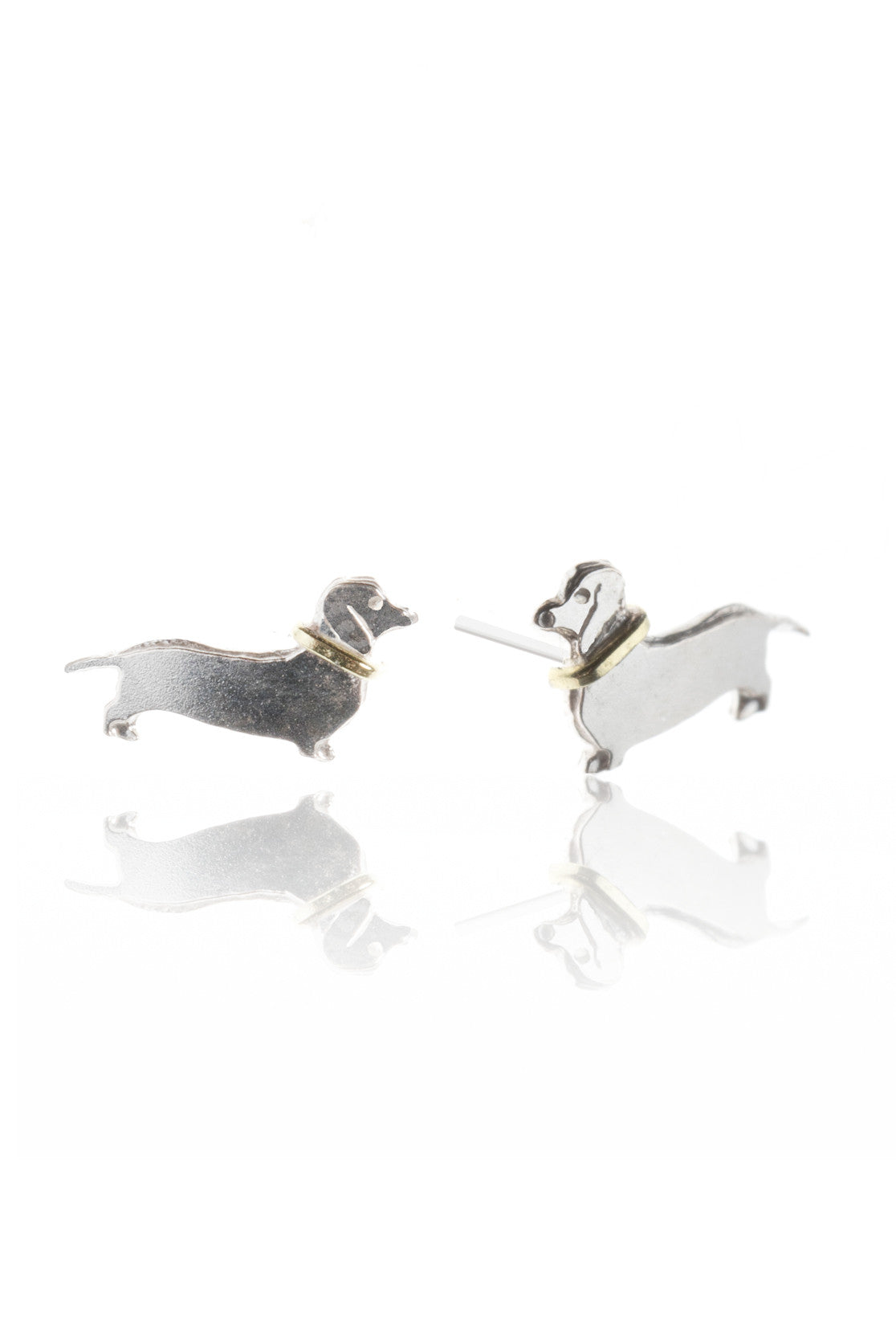 Dog stud earrings made from solid sterling silver with gold collar detailing