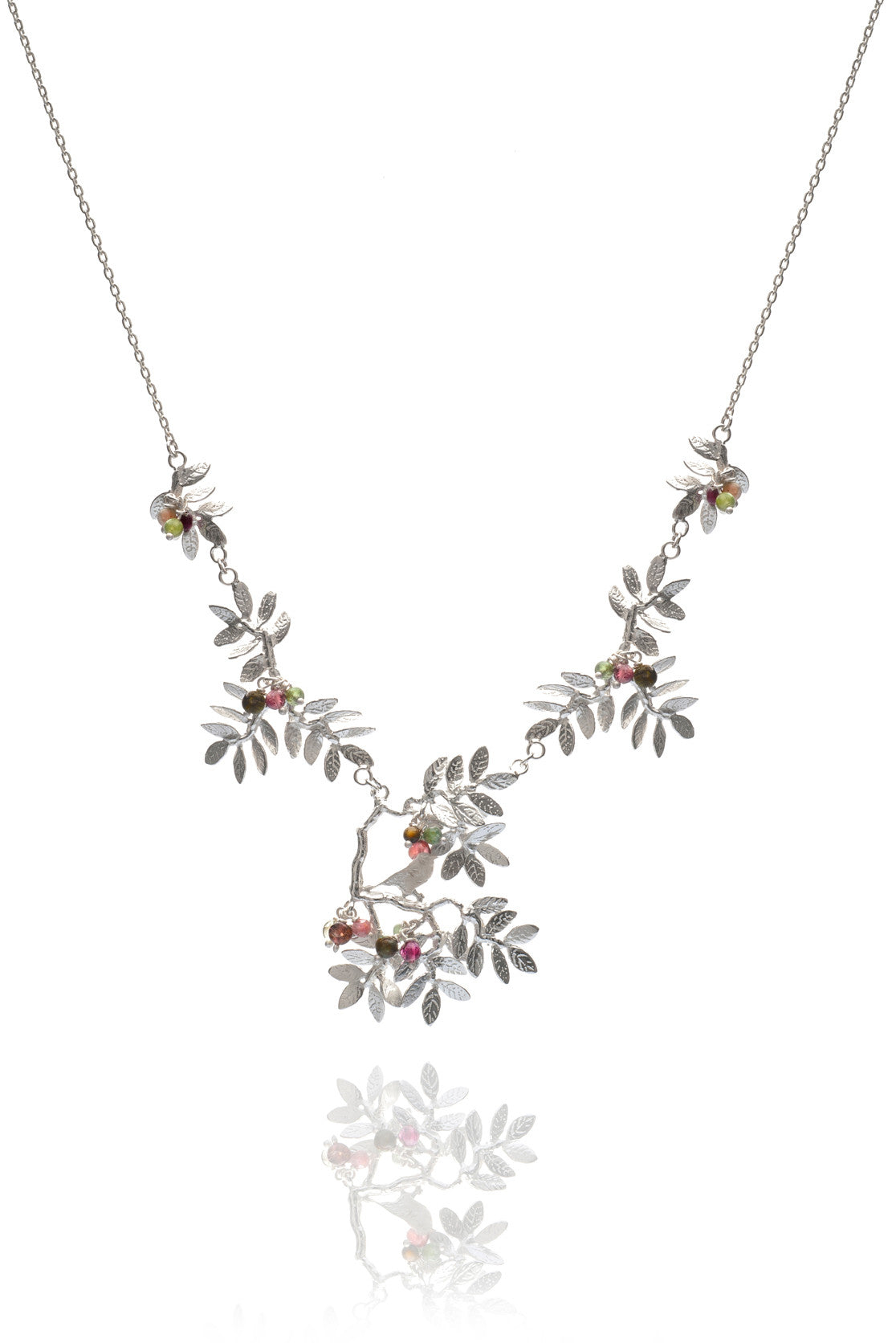 Sterling Silver Tiny Bird Statement Necklace with semi precious tourmaline berries 