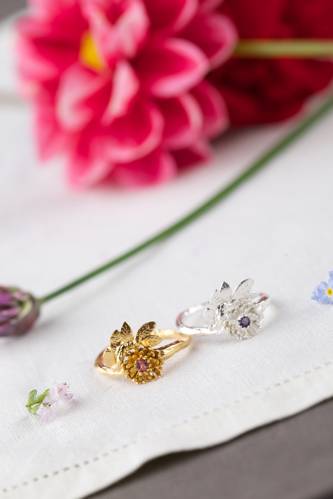 Handmade gold and silver dahlia rings