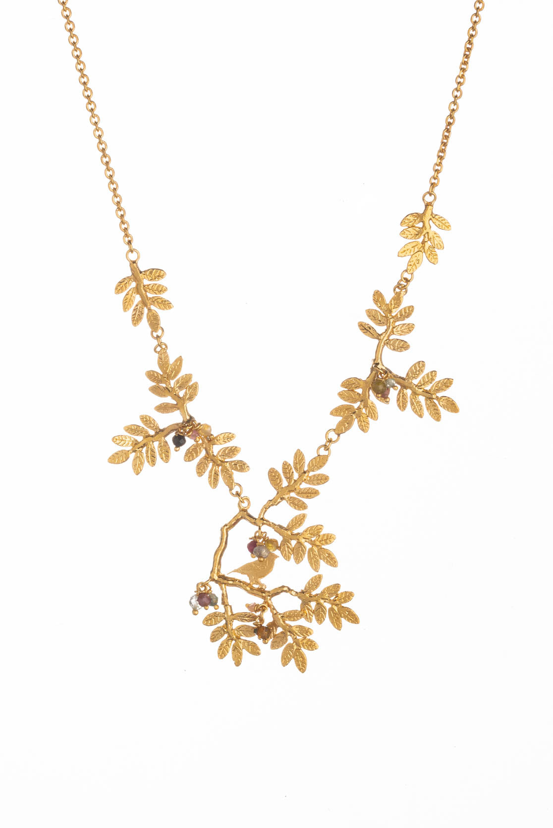 Gold Vermeil Tiny Bird Statement Necklace with semi-precious tourmaline berries