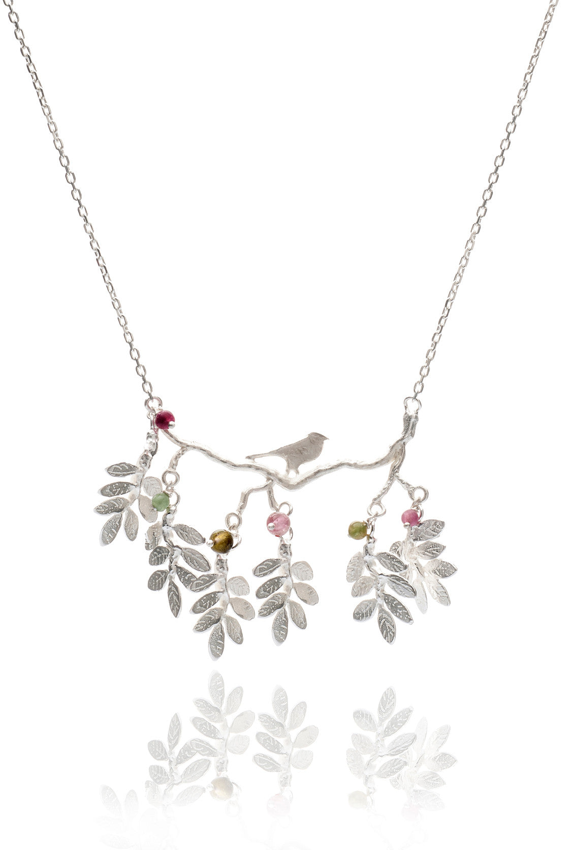 Sterling silver necklace with dangling leaves and silver bird pendant