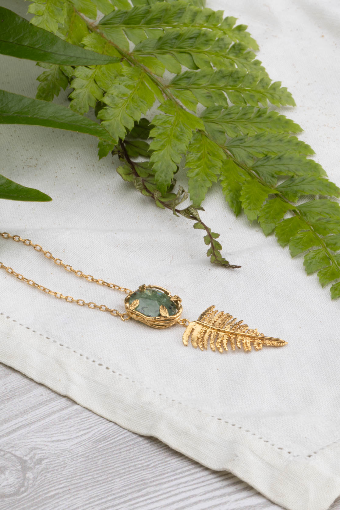 Botanical Nest Necklace With Fern Drop and labradorite, kyanite or ruby gemstone