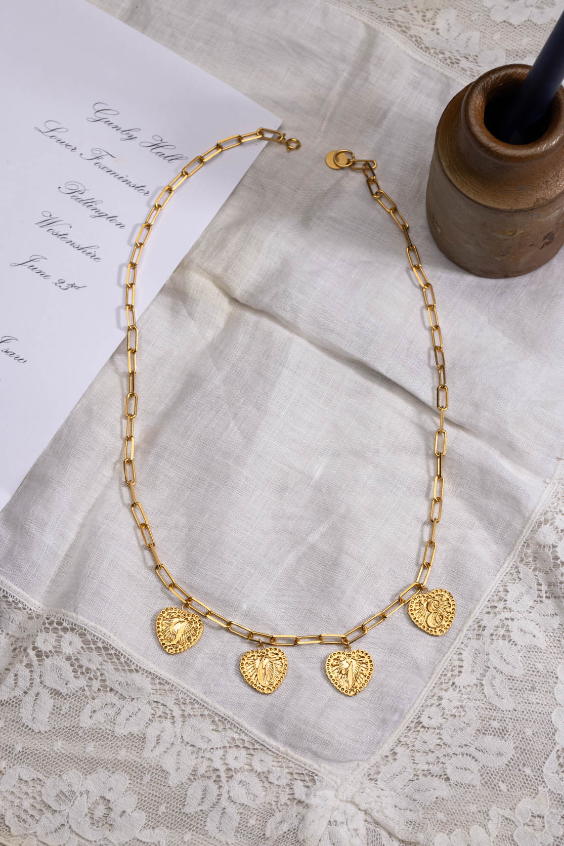 Multi Hearts Love Letter Initial Necklace on Paper Clip Chain