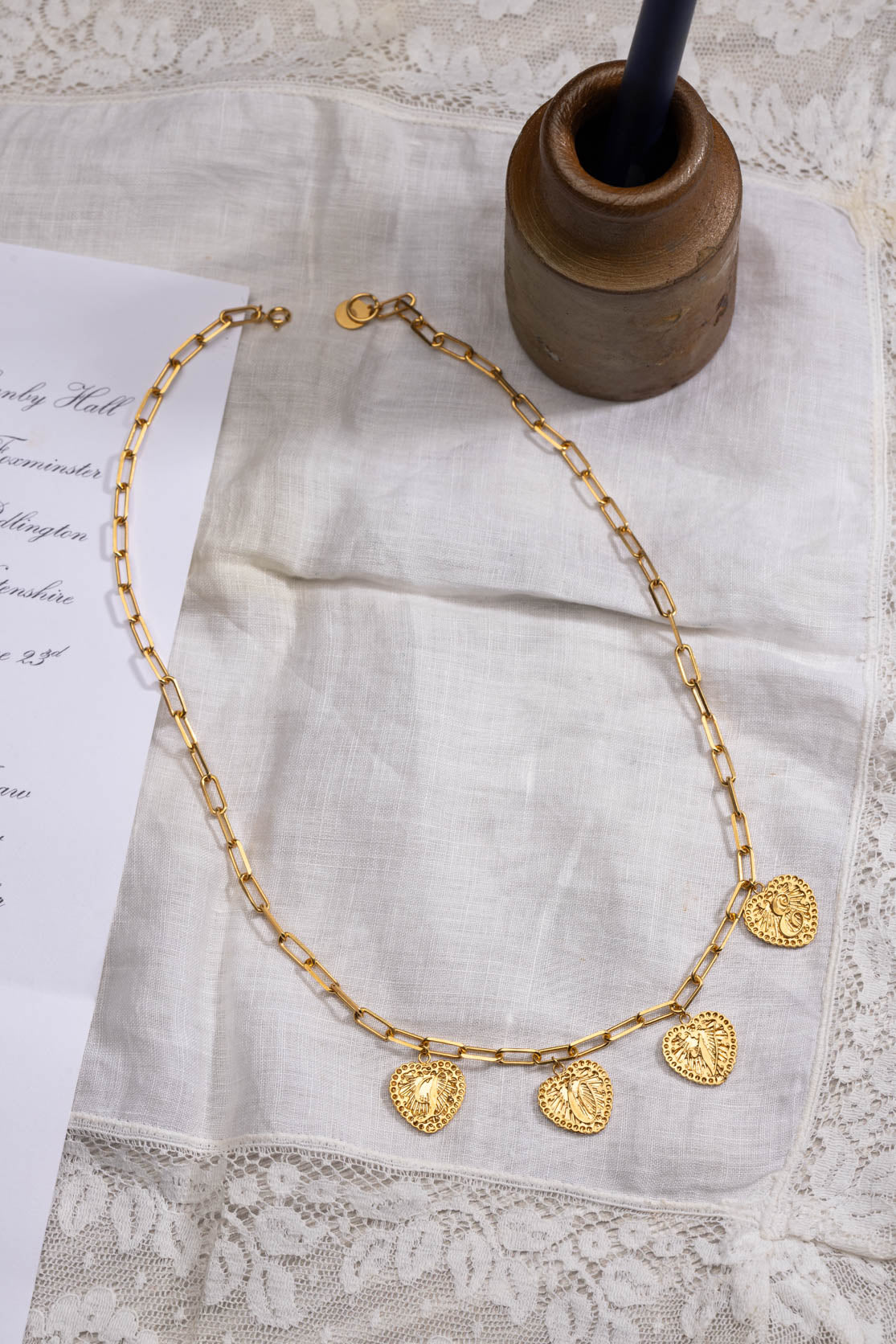 Multi Hearts Love Letter Initial Necklace on Paper Clip Chain