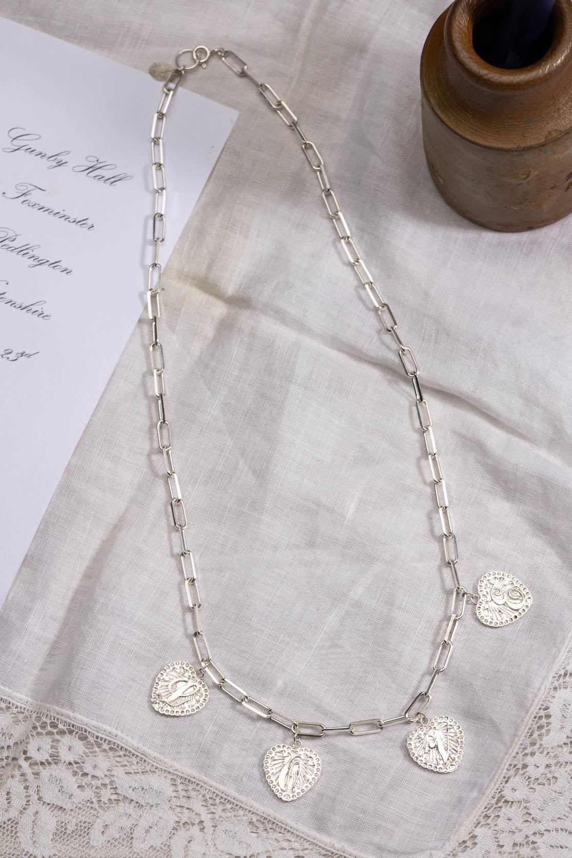 Multi Hearts Love Letter Initial Necklace on Paper Clip Chain