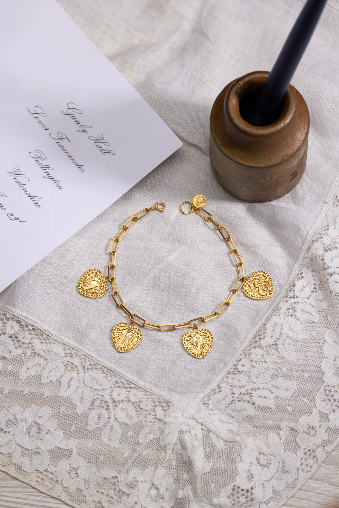 Multi Hearts Love Letter Initial Bracelet on Paper Clip Chain