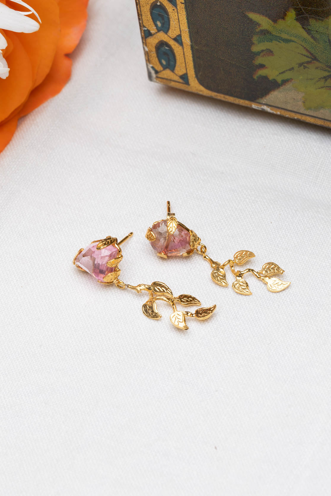 Pink Tourmaline And Vine Drop Earrings