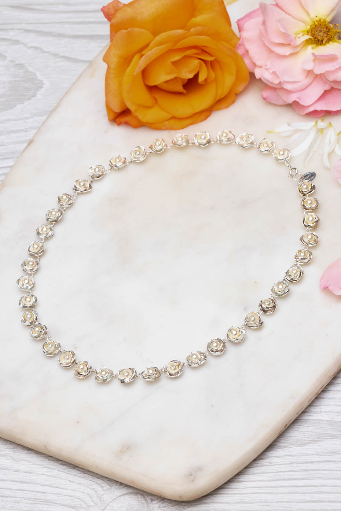 Handcrafted Sterling Silver Peony Necklace with Pearl Centers