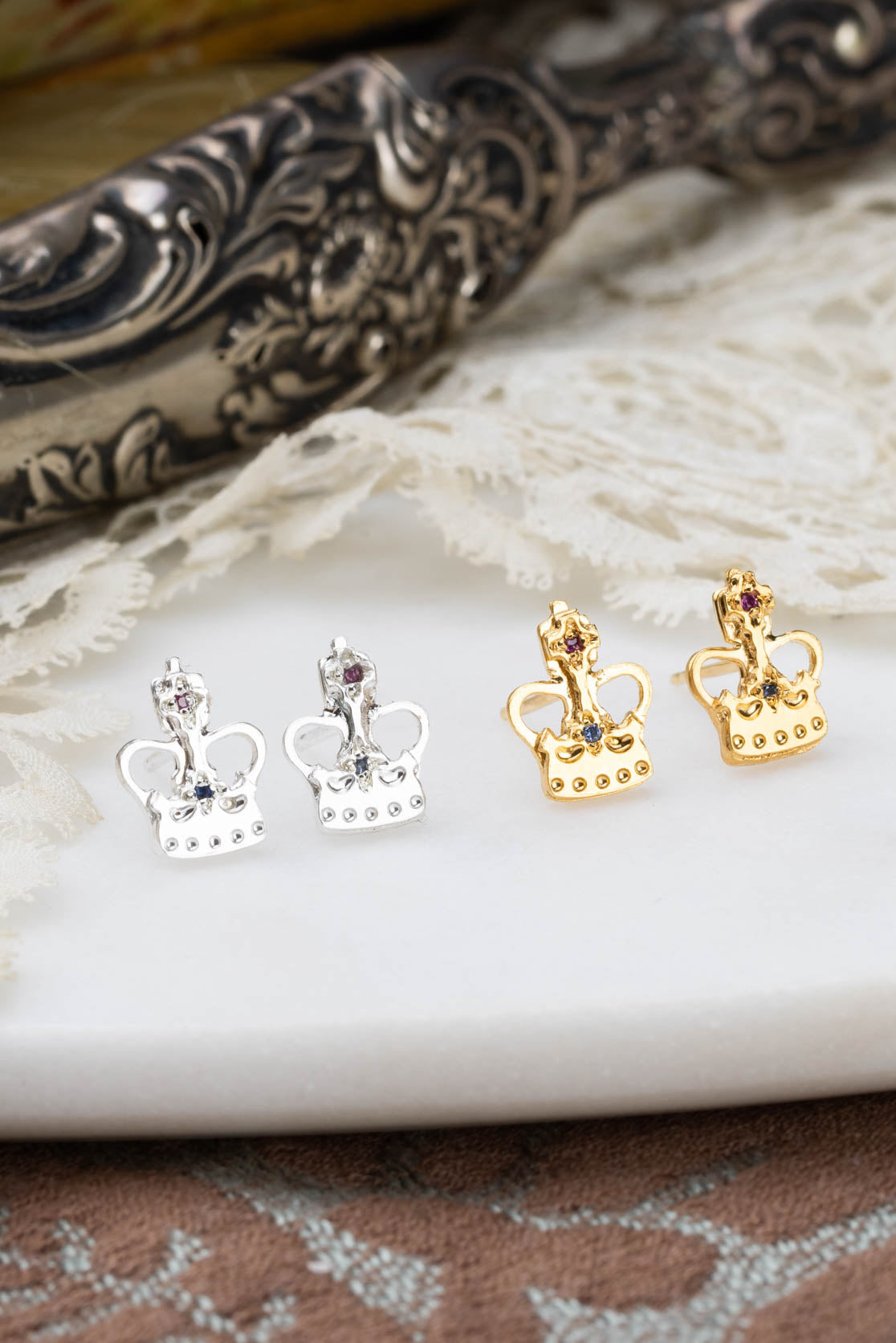 Crown Stud Earrings In Sterling Silver And Gold Vermeil With Gemstones