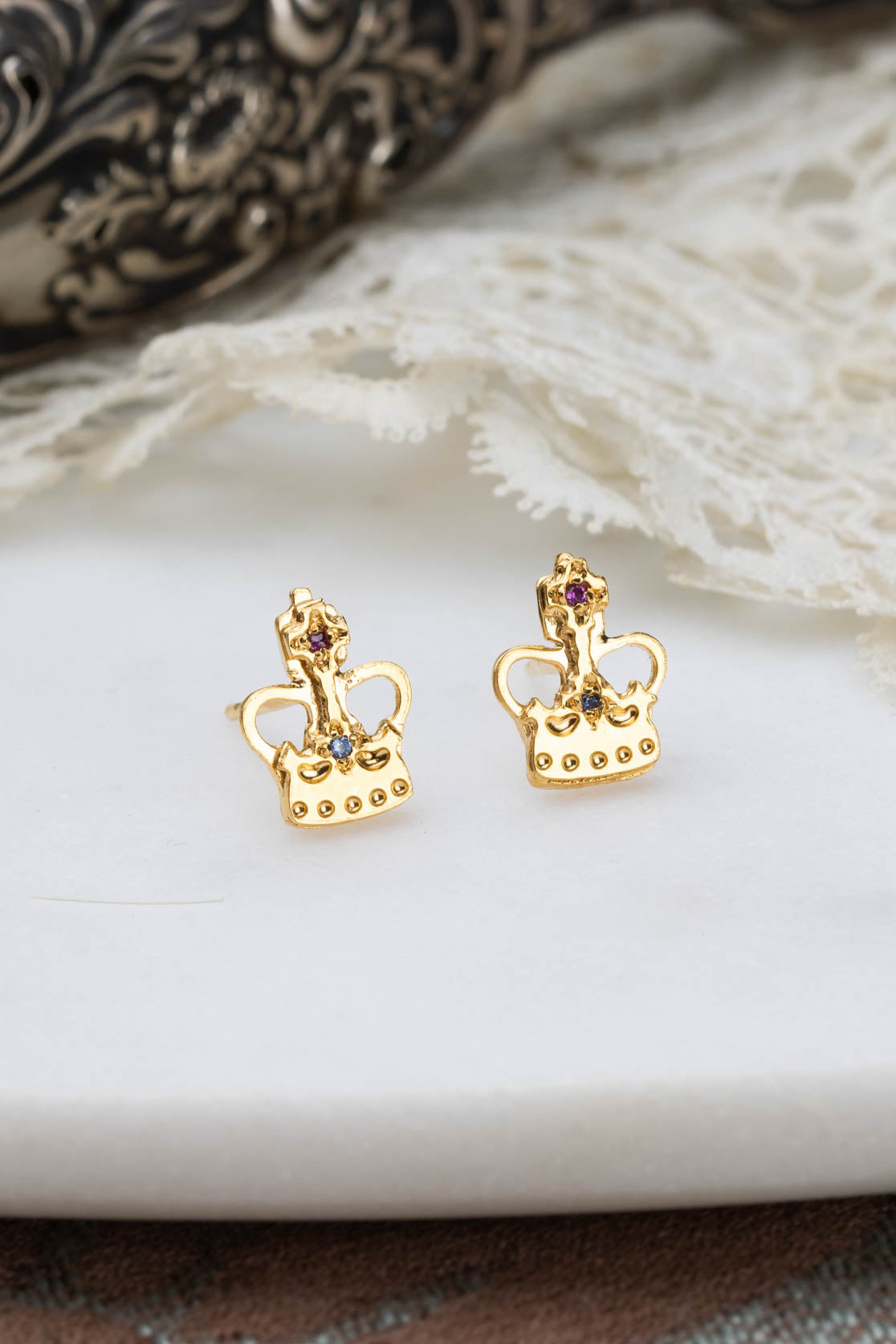 Crown Stud Earrings In Sterling Silver And Gold Vermeil With Gemstones
