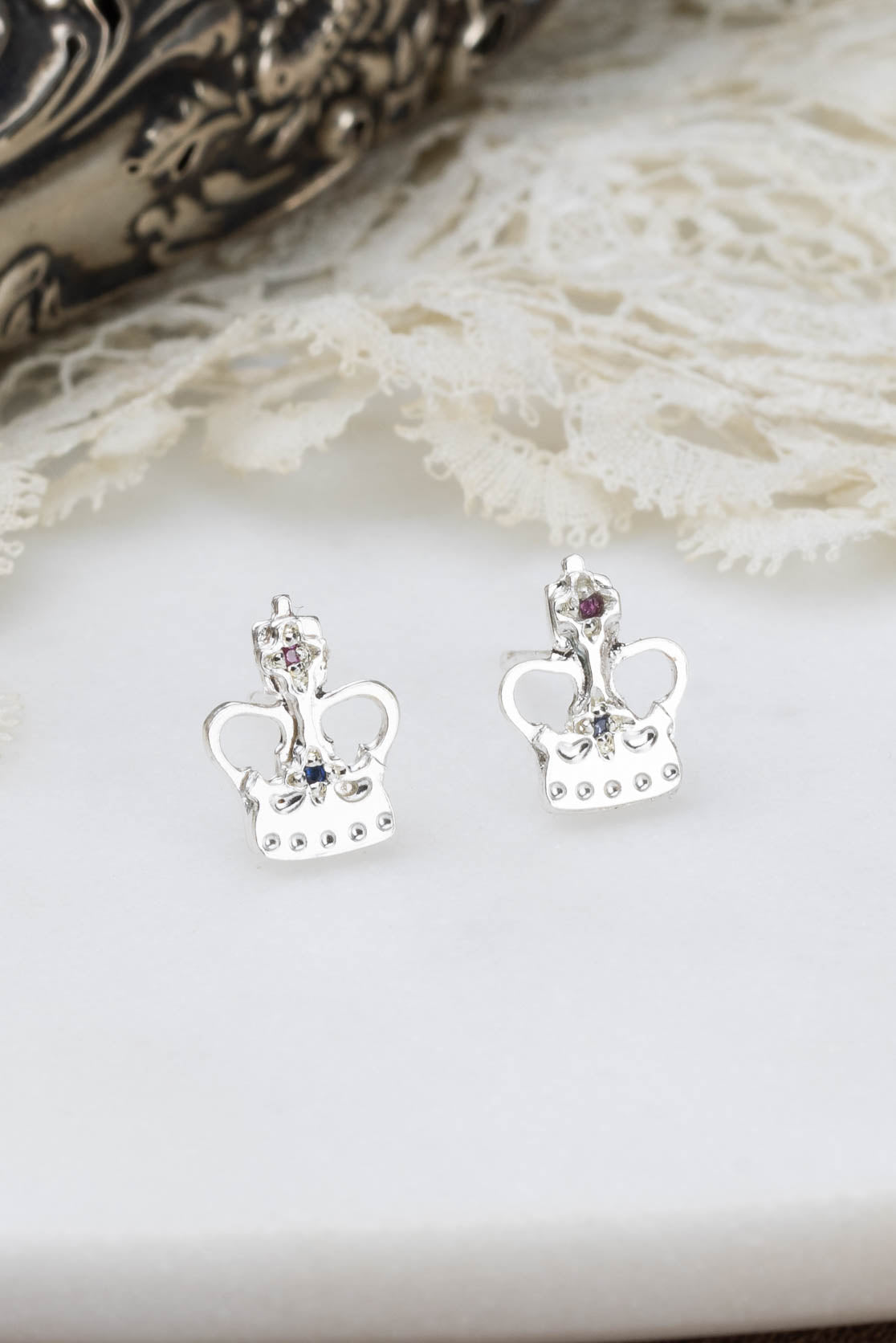 Crown Stud Earrings In Sterling Silver And Gold Vermeil With Gemstones