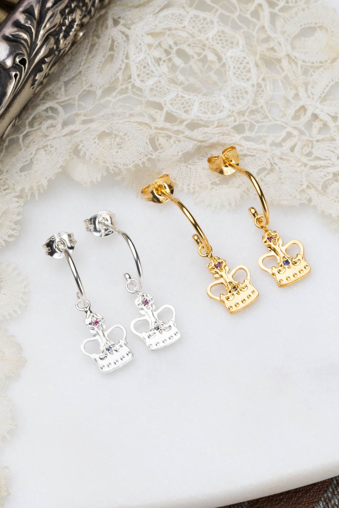 Crown Huggie Earrings In Sterling Silver And Gold Vermeil