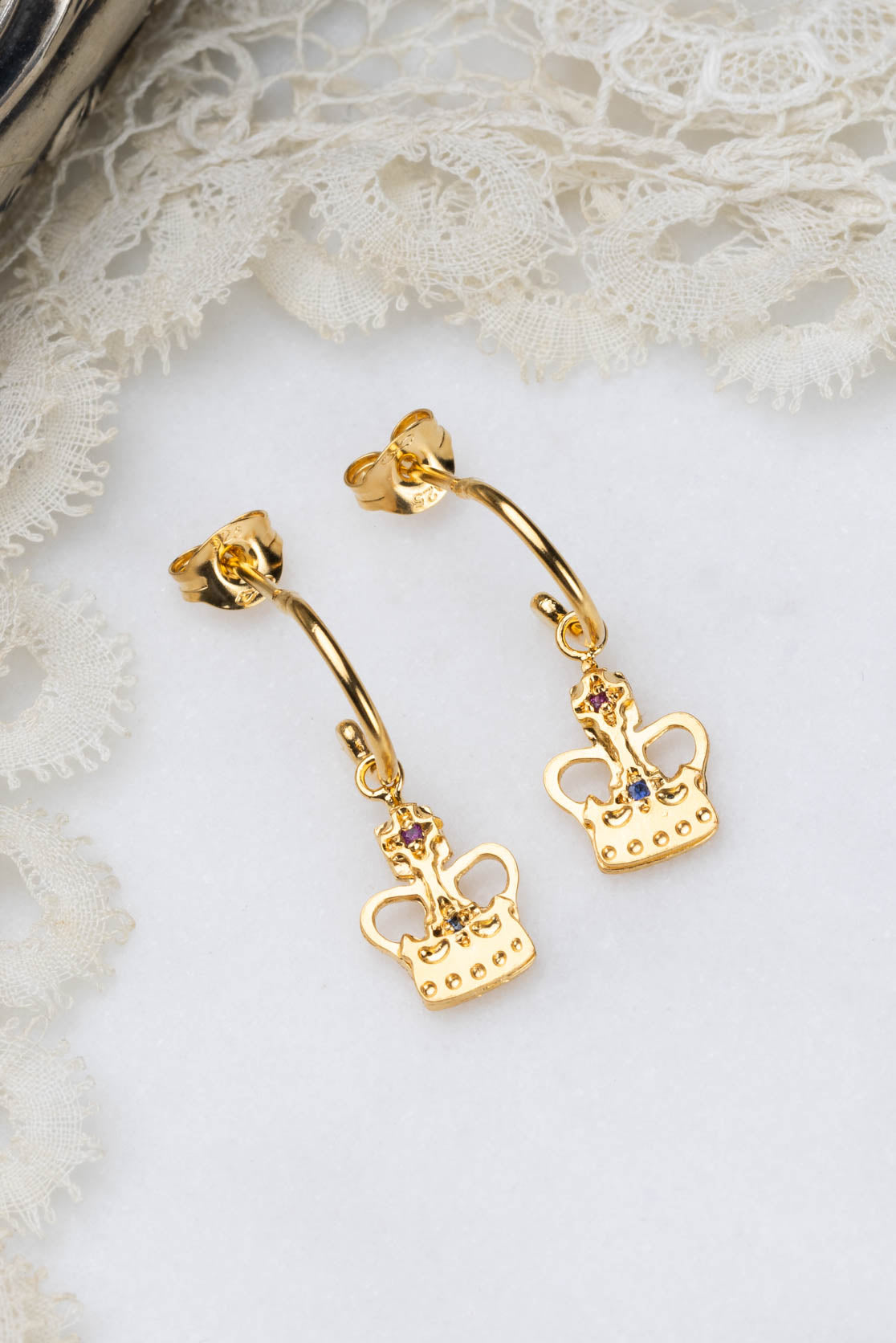 Crown Huggie Earrings In Sterling Silver And Gold Vermeil