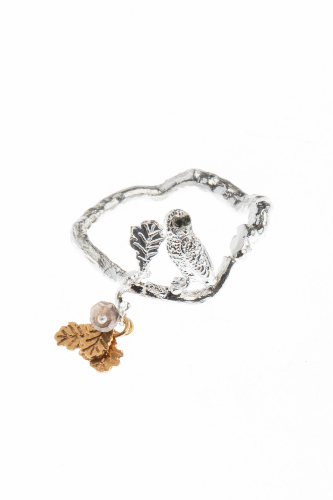 Sterling silver with gold vermeil leaves Owl On Perch Ring 