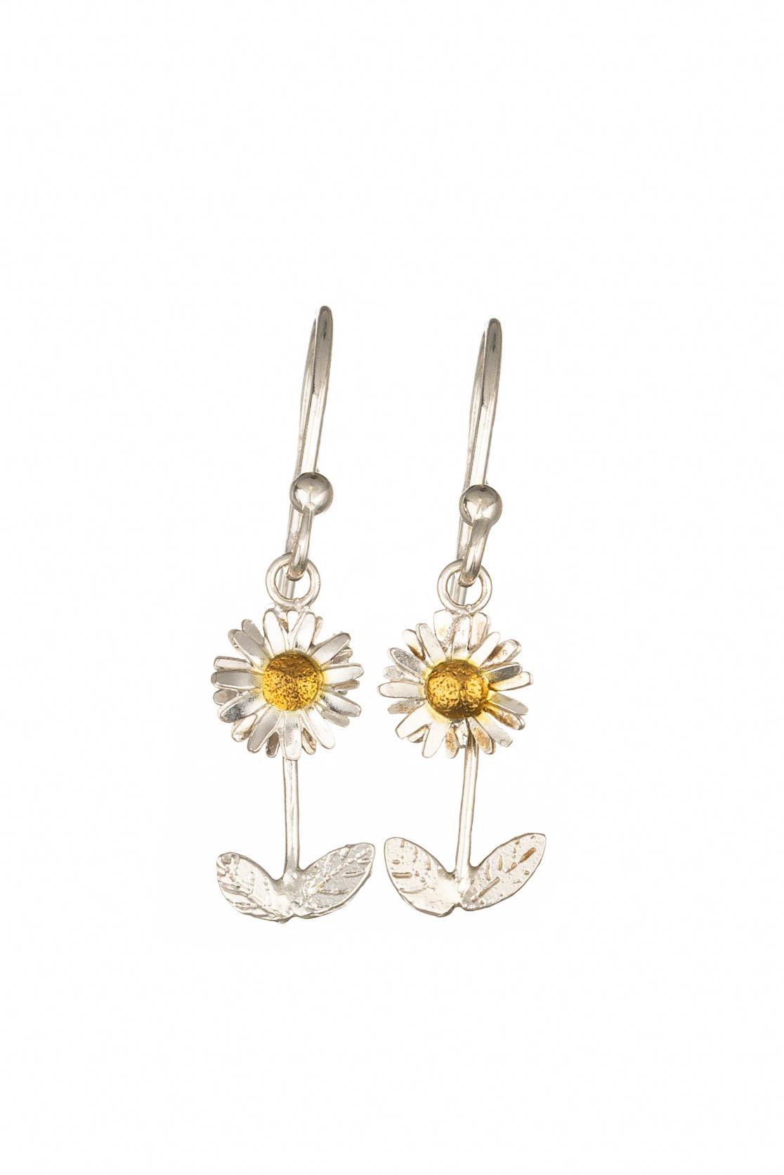 Sterling Silver and Gold Daisy Drop Earrings - Daisy with Stalk on Hooks