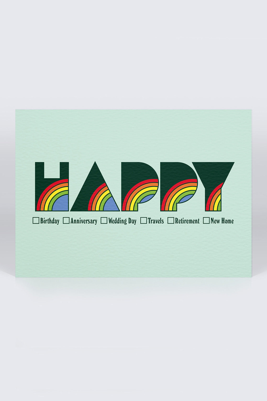 Light green greeting card with dark green 'HAPPY' lettering