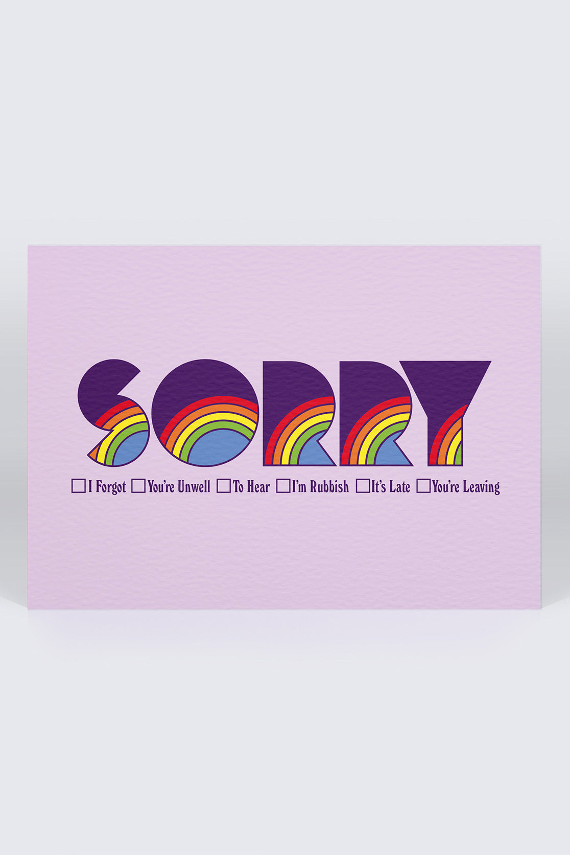 Purple greetings card with dark purple and rainbow &#39;SORRY&#39; lettering