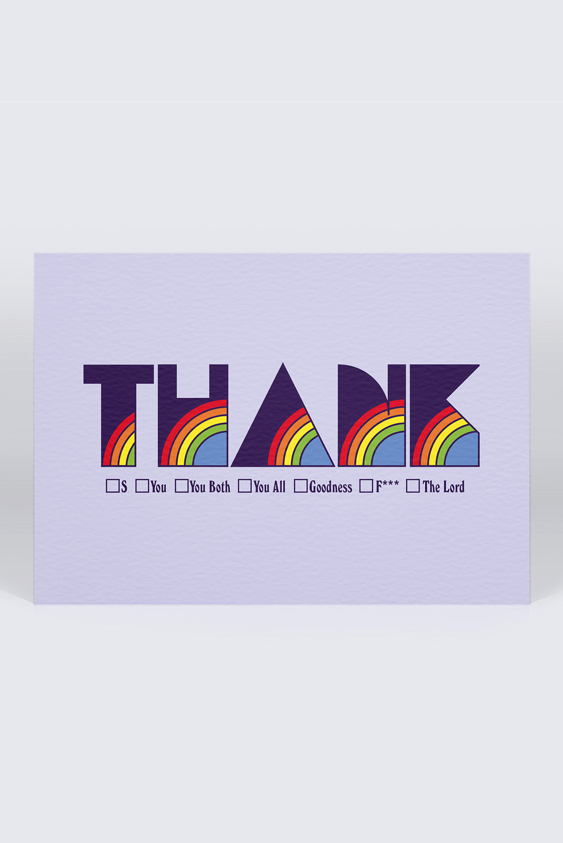 Pale purple greetings card with colourful &#39;thank&#39; lettering on a white background