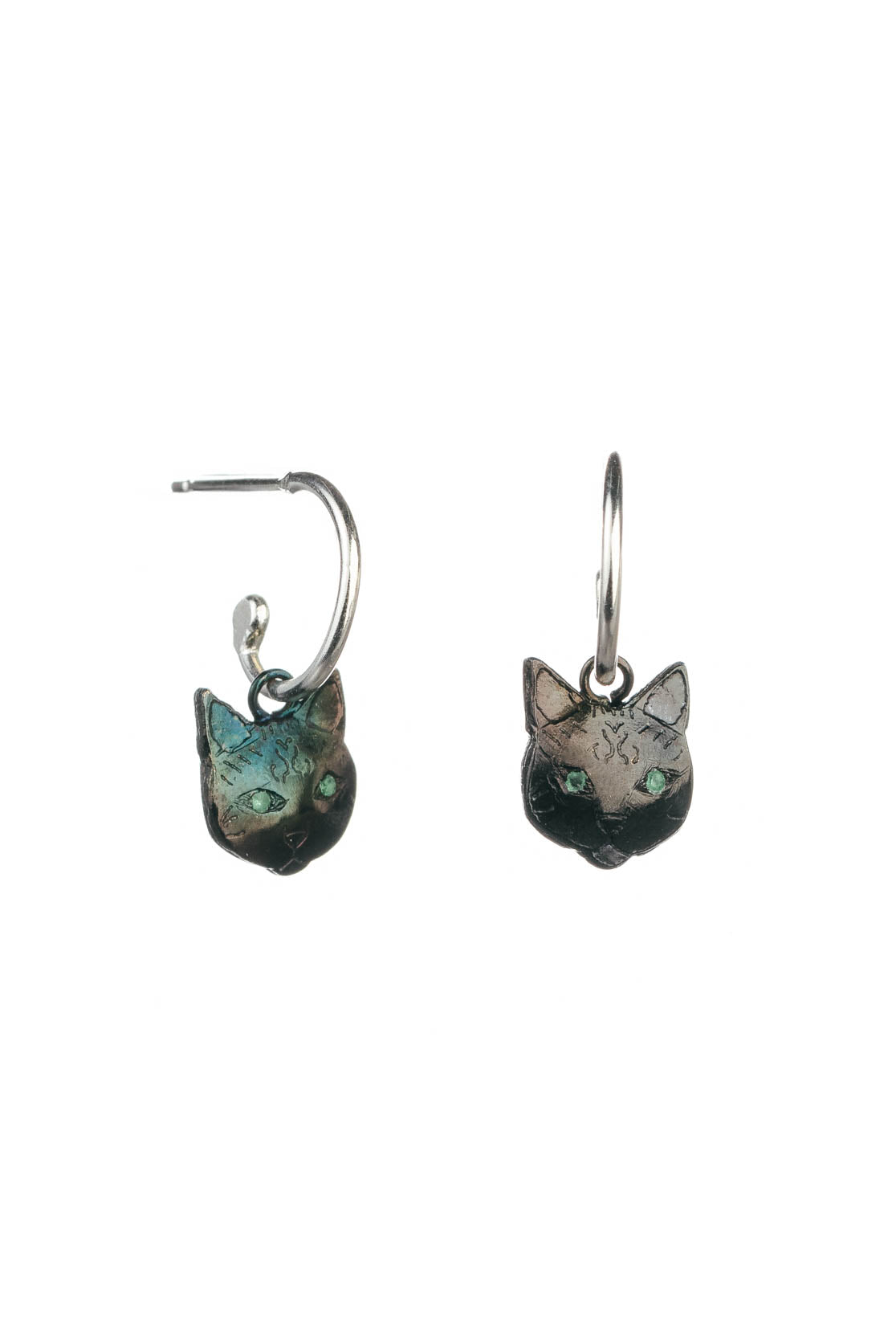 Cat Head Earrings On Mini Hoops In Silver, Goldplate or Black