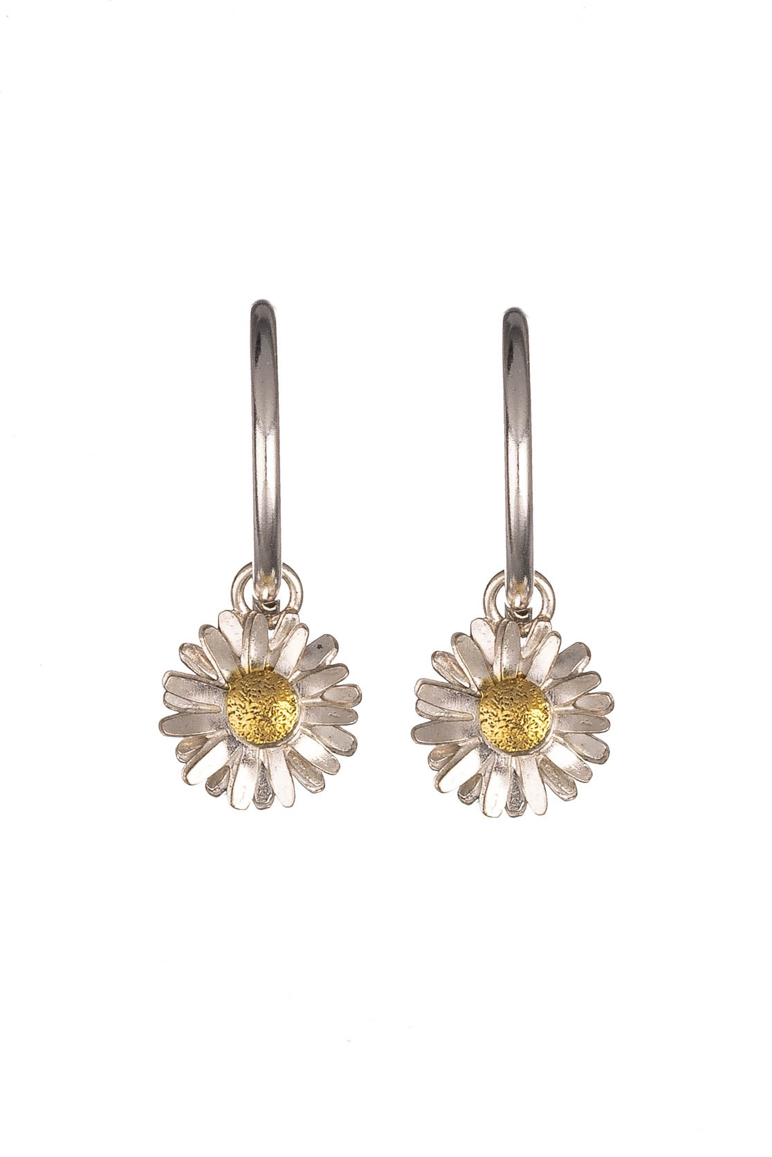 Sterling Silver and Gold Daisy Hoops - Daisy Flower Head on Hoops