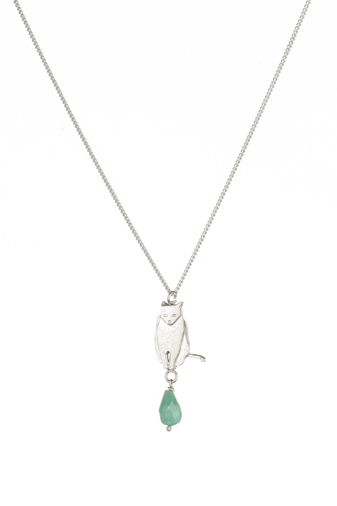 Sitting Cat Necklace With Chrysoprase Briolette In Silver, Goldplate Or Black