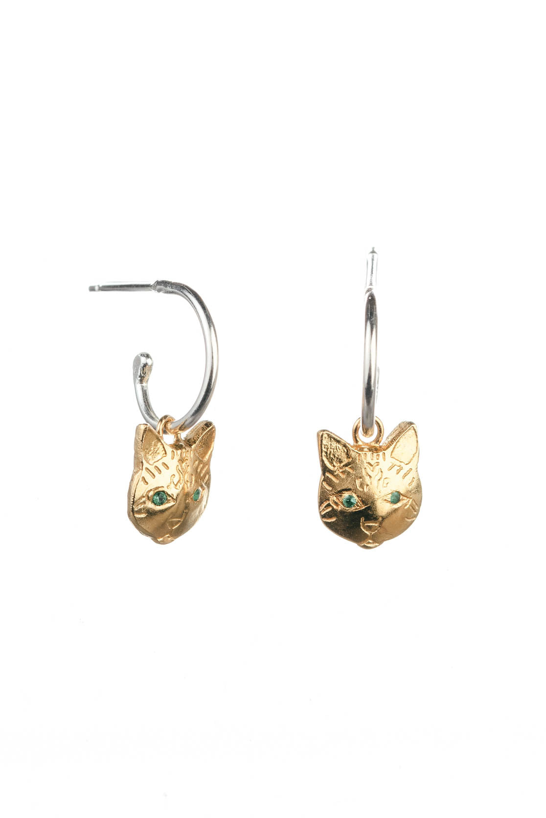 Cat Head Earrings On Mini Hoops In Silver, Goldplate or Black