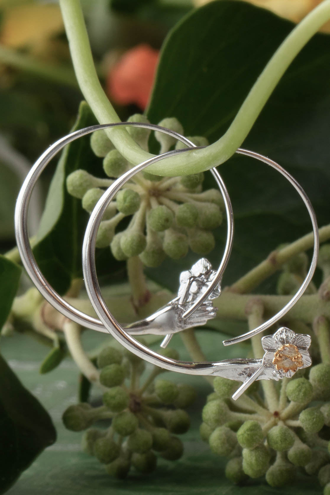 Sterling Silver and Gold Hand And Flower Hoop Earrings