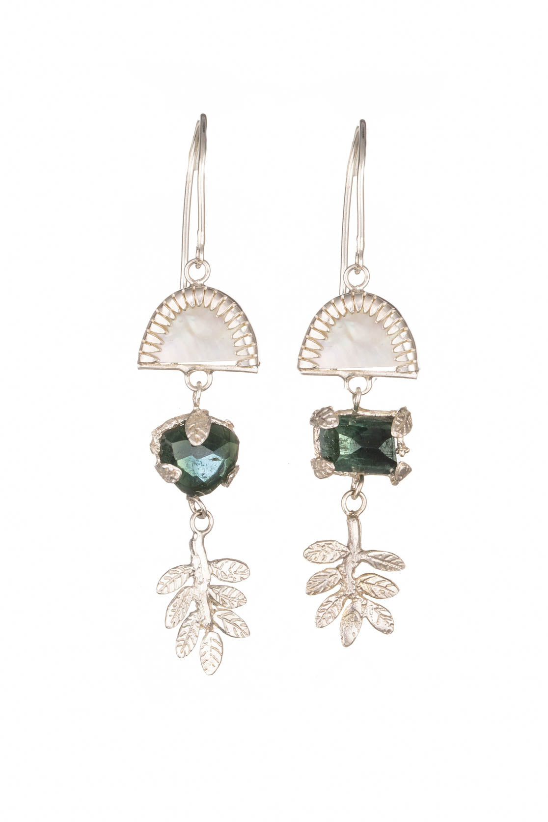 Botanical Drop Earrings - dark green tourmaline and mother of pearl
