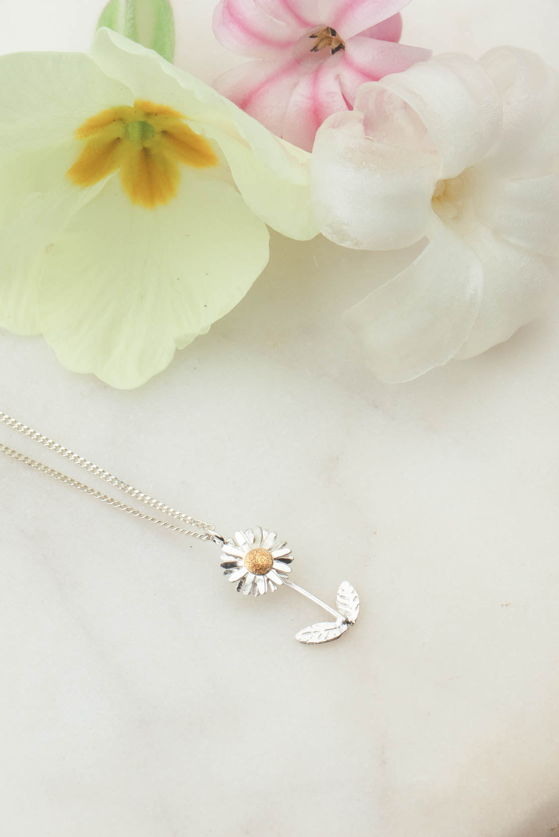 Handmade Sterling Silver and Gold Daisy Necklace With Stalk