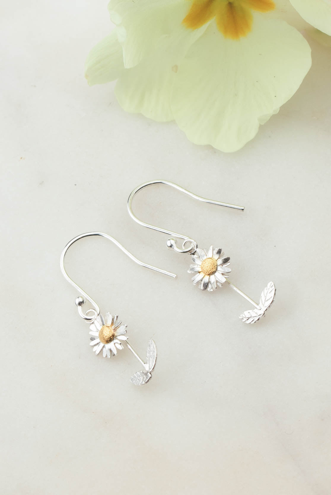 Sterling Silver and Gold Daisy Drop Earrings - Daisy with Stalk on Hooks
