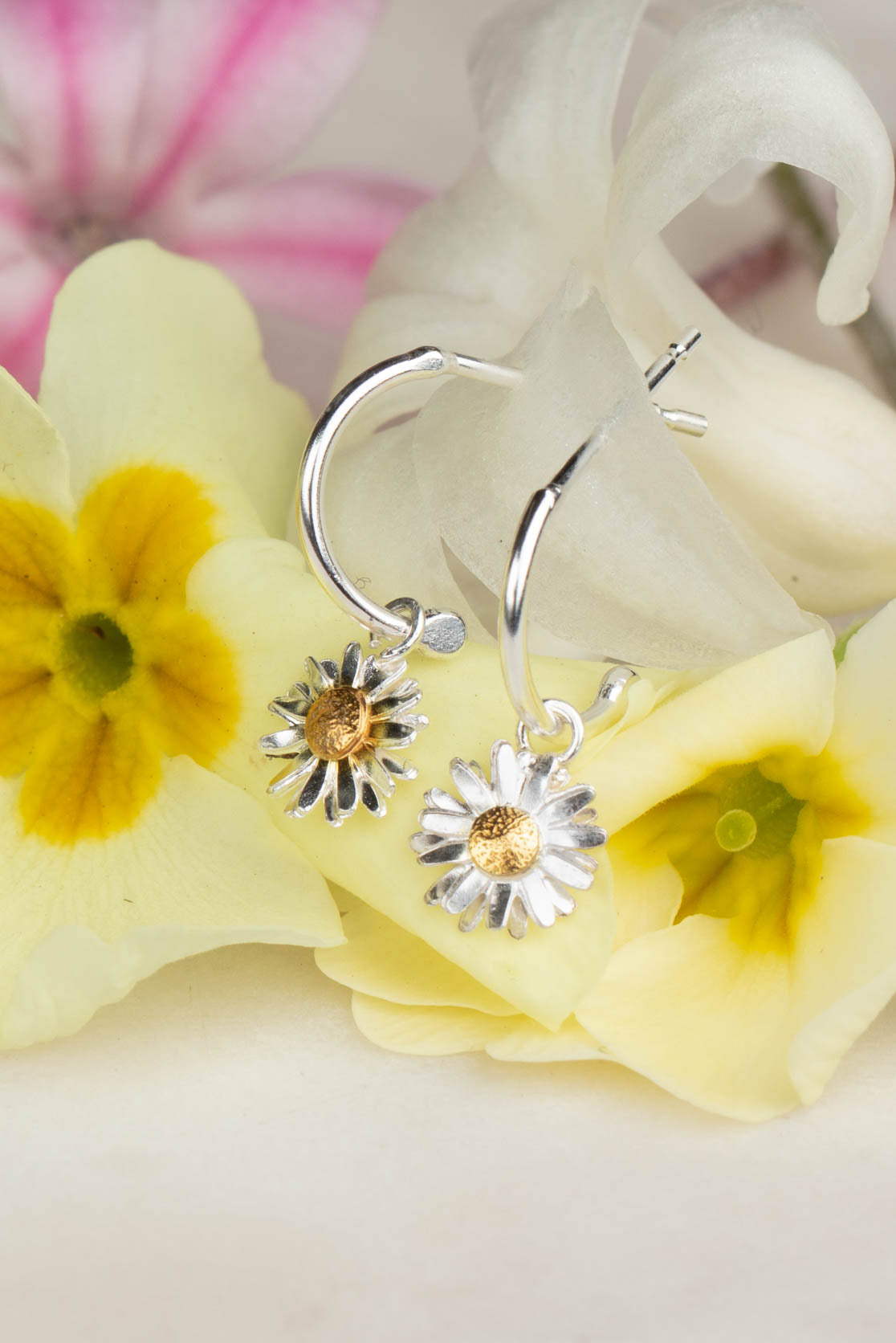 Sterling Silver and Gold Daisy Hoops - Daisy Flower Head on Hoops