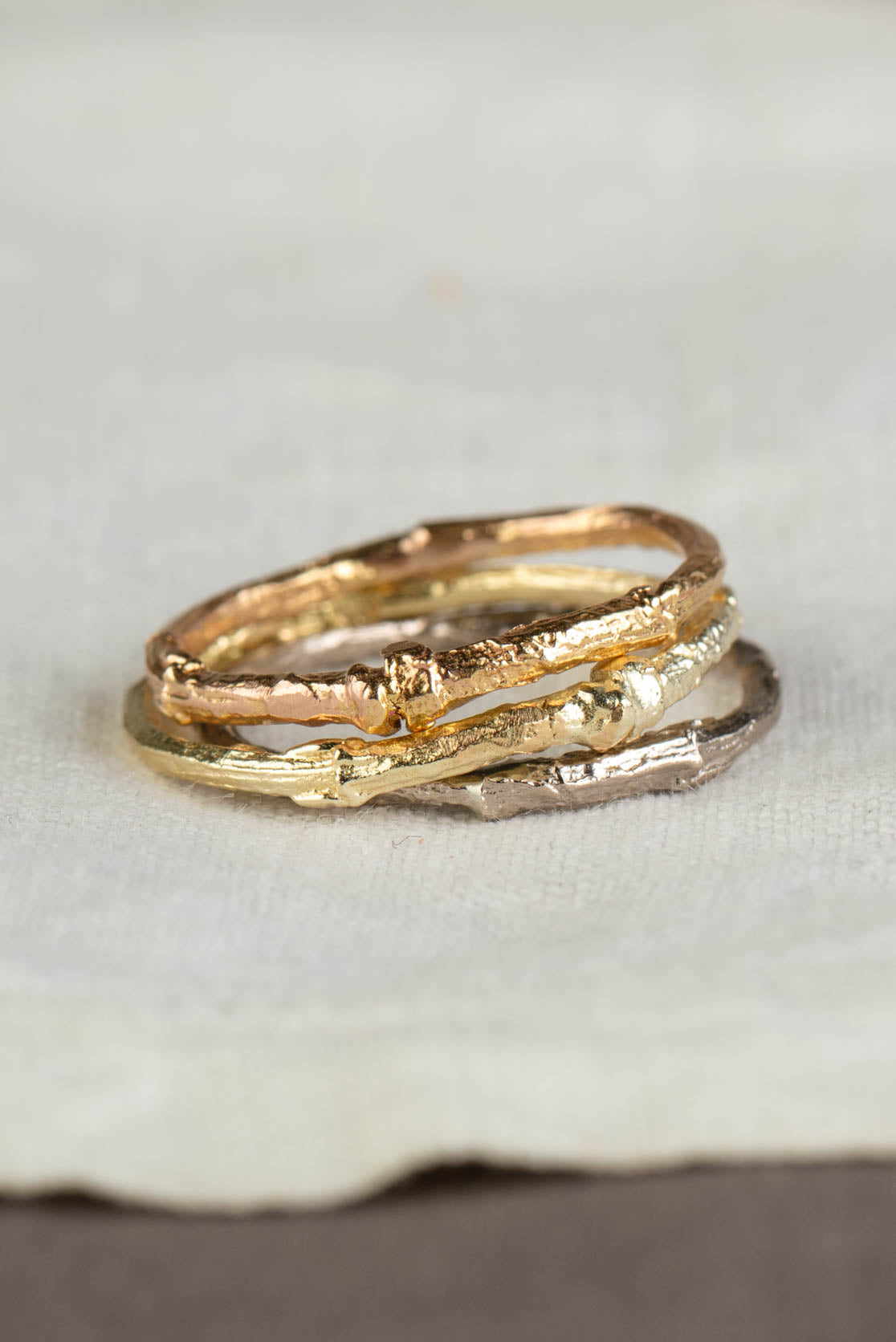 twig rings in solid 18ct yellow, rose and white gold