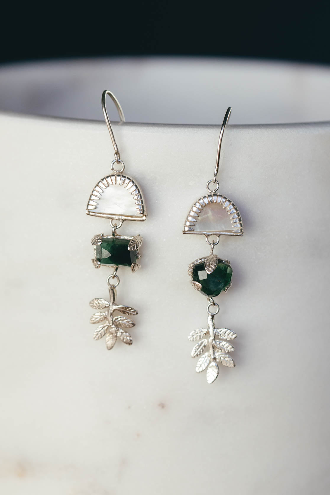 Botanical Drop Earrings - dark green tourmaline and mother of pearl