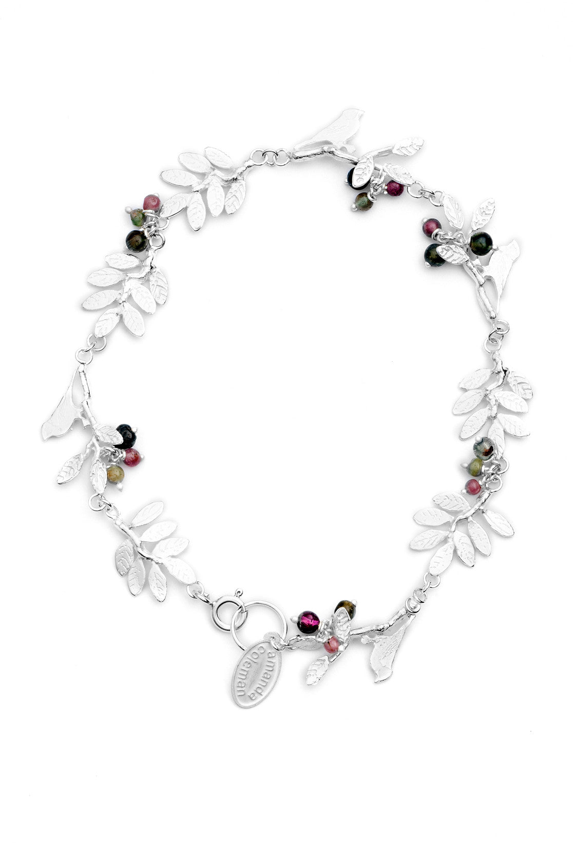 Sterling Silver Tiny Bird Bracelet with detailed foliage and tourmaline berries