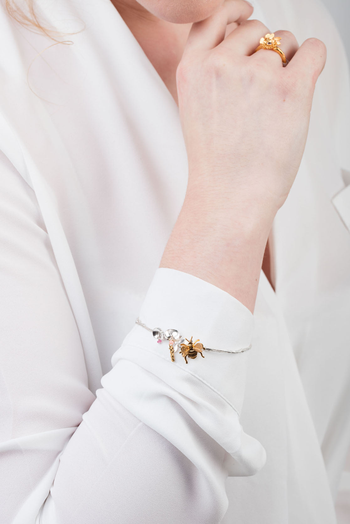 Sweet Pea And Bee Bangle In Sterling Silver and Gold