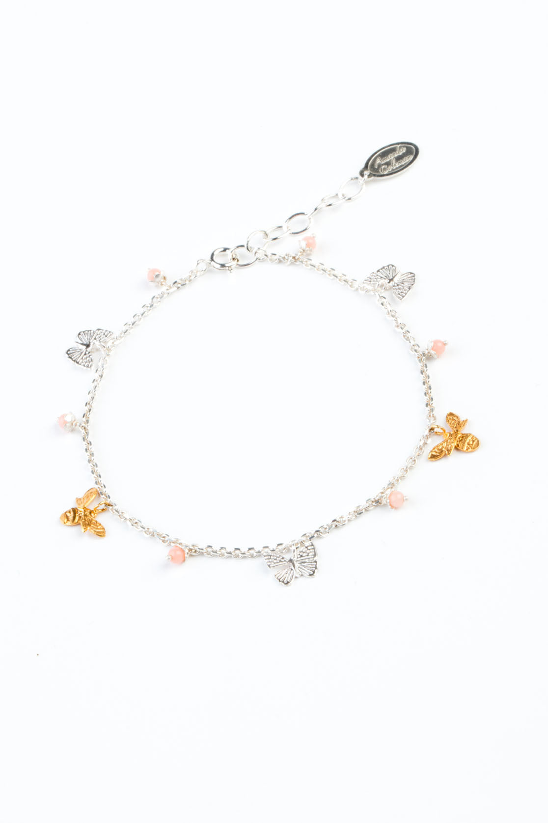 Sterling Silver and Gold Bee, pink bead Flower and Butterfly Bracelet  