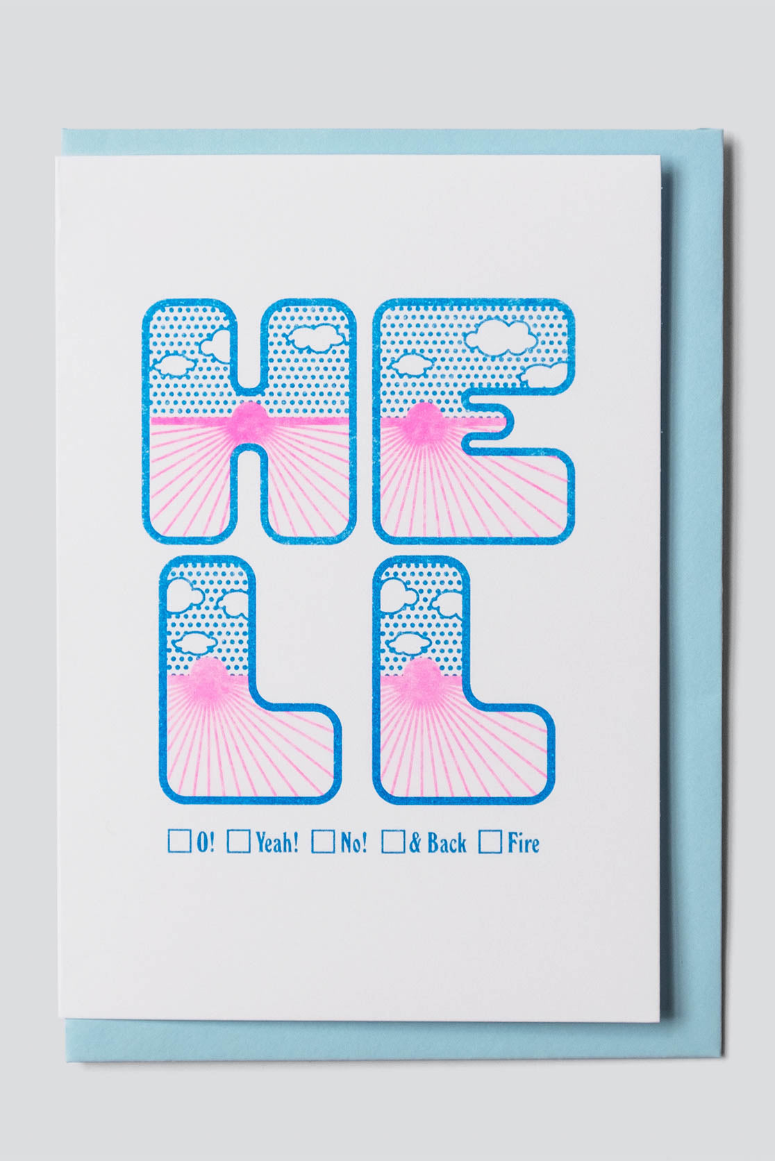 White greeting card with light blue &#39;hell&#39; lettering