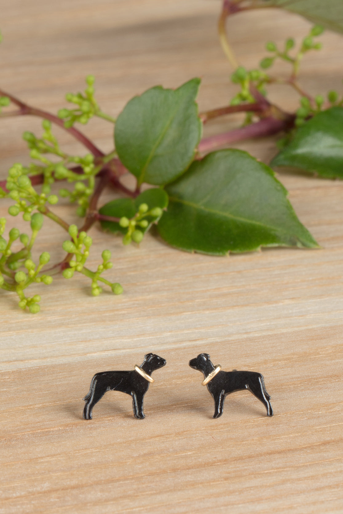 Black ruthium bull terrier earrings handmade by Amanda Coleman