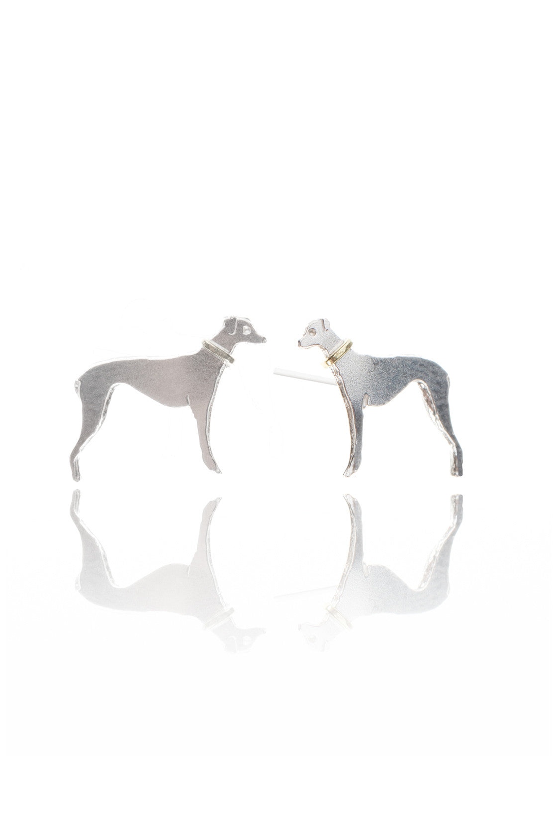 Silver greyhound stud earrings with contrasting gold collar. 