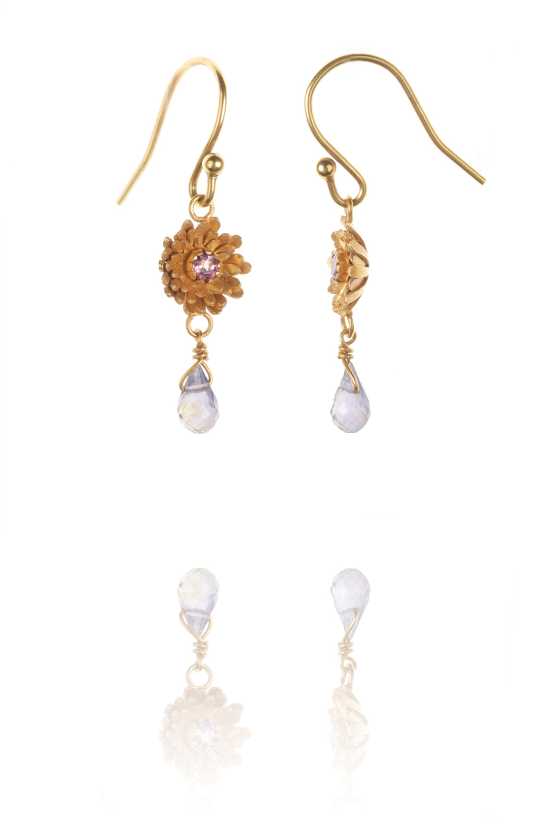 Gold dahlia drop earrings with yellow flower and white stone