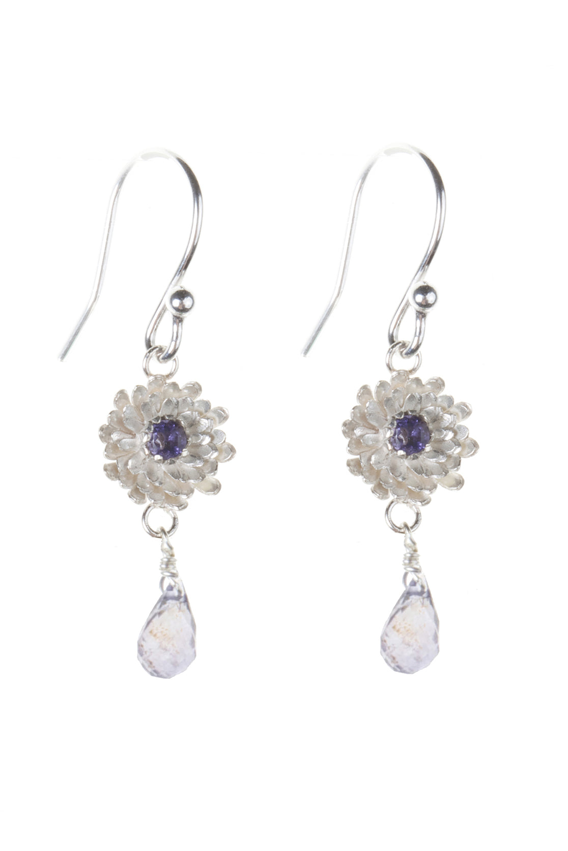 Gold dahlia drop earrings with sterling silver flower and white stone