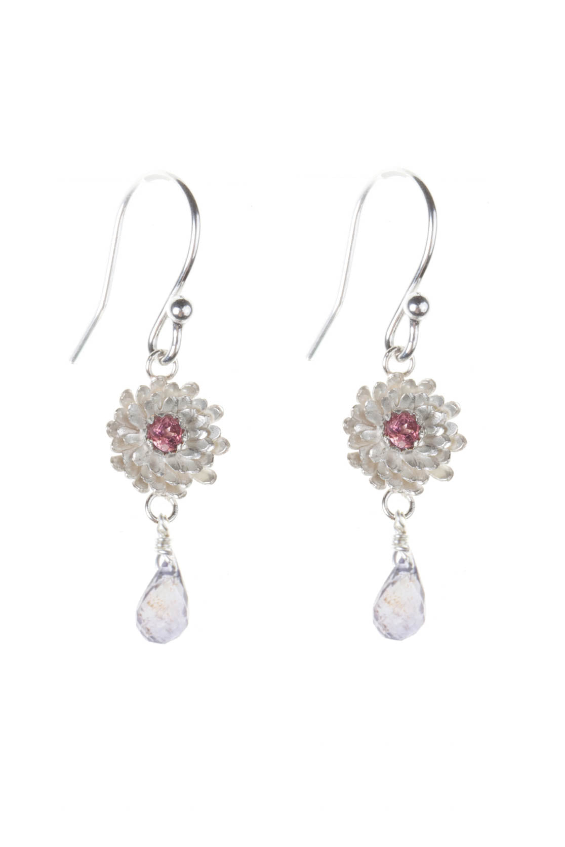 dahlia drop earrings with sterling silver flower and white stone