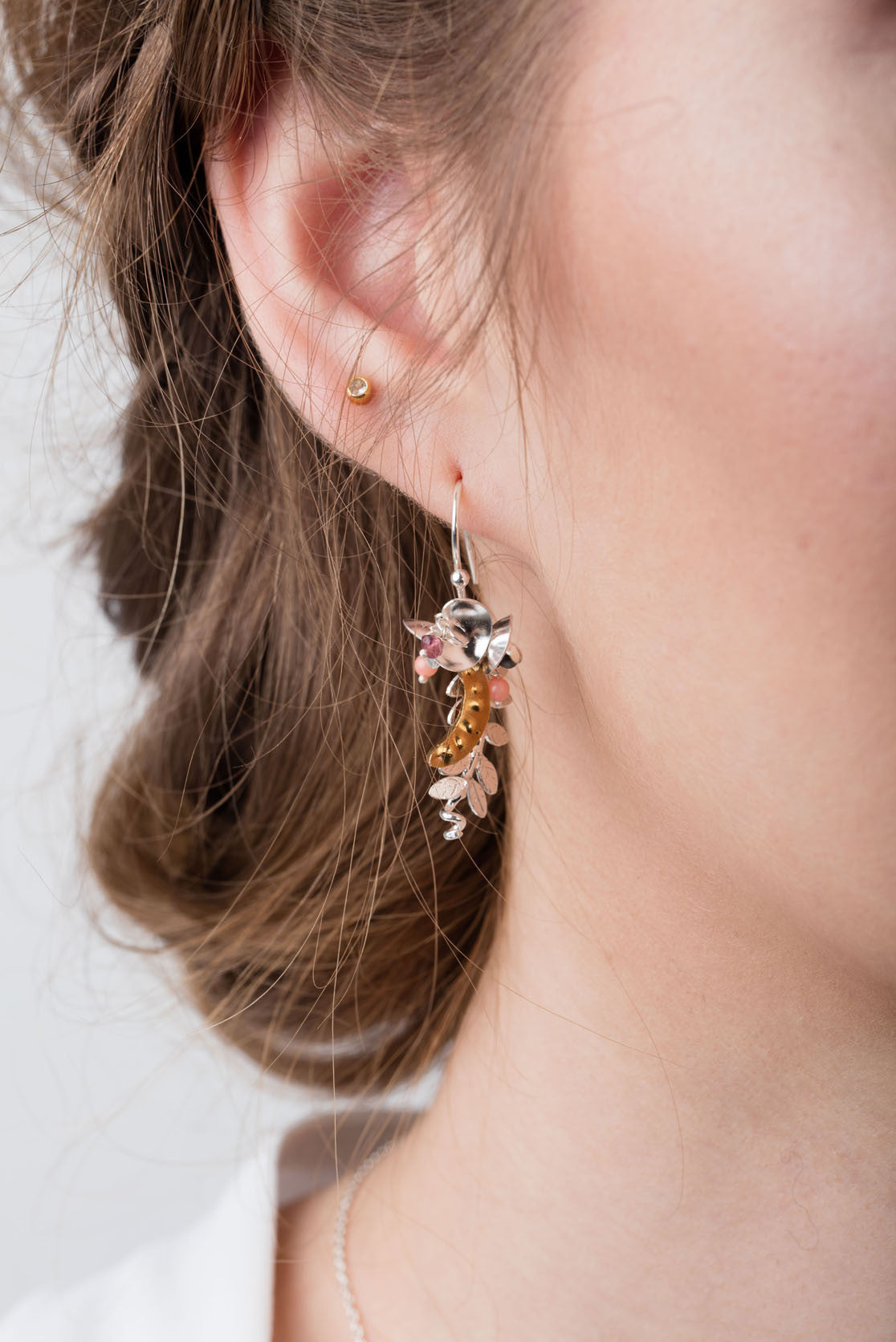 Sweet Pea Drop Earrings In Sterling Silver And Gold