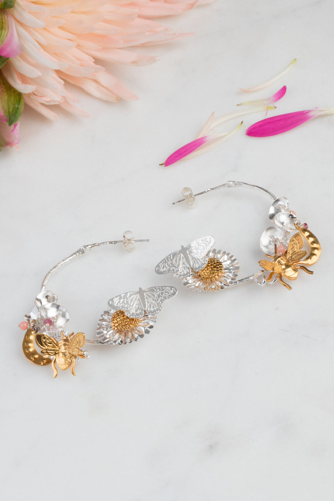Sweet Pea, Bee, Butterfly and Daisy Statement Earrings In Sterling Silver And Gold