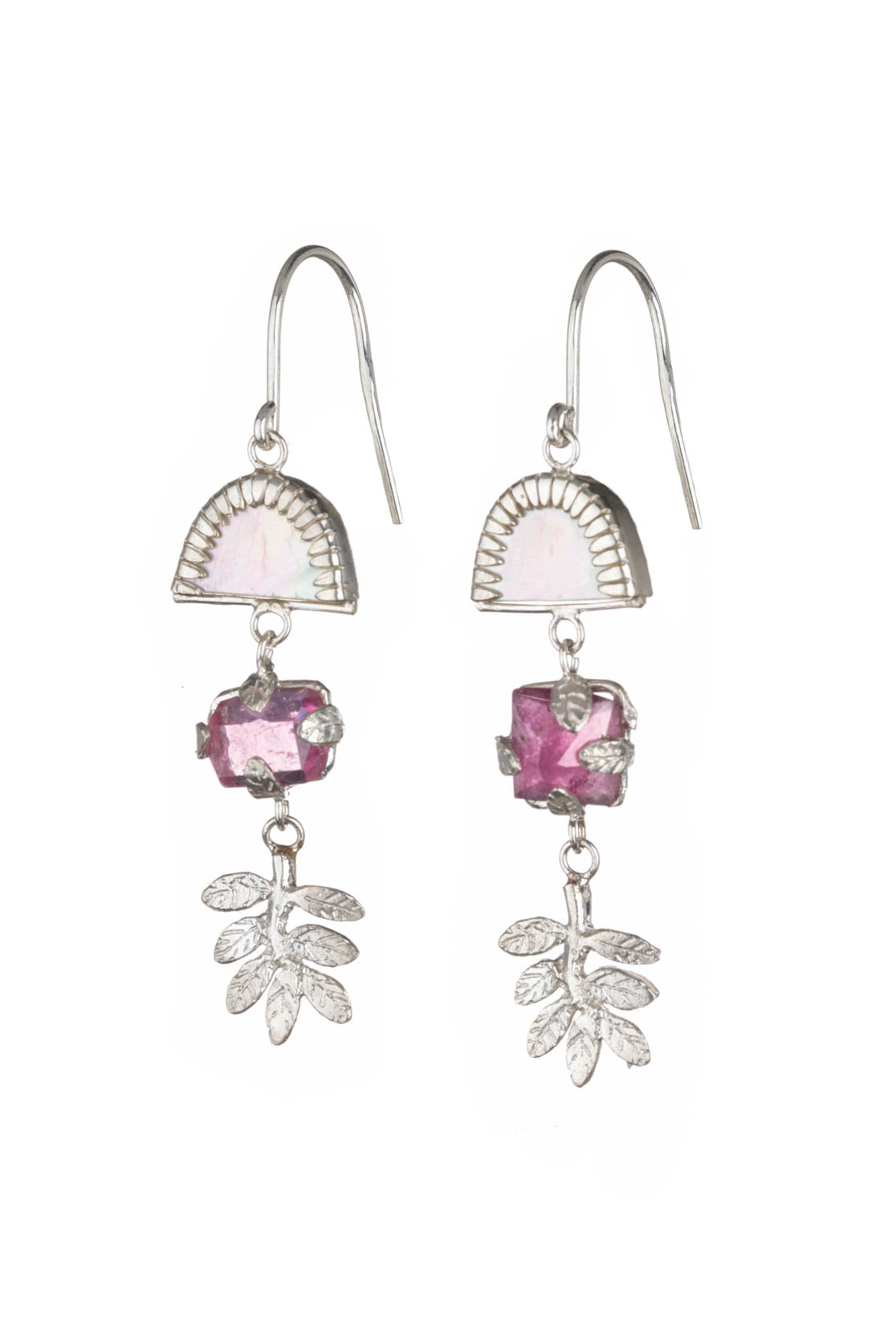 Botanical Drop Earrings - pink tourmaline and mother of pearl