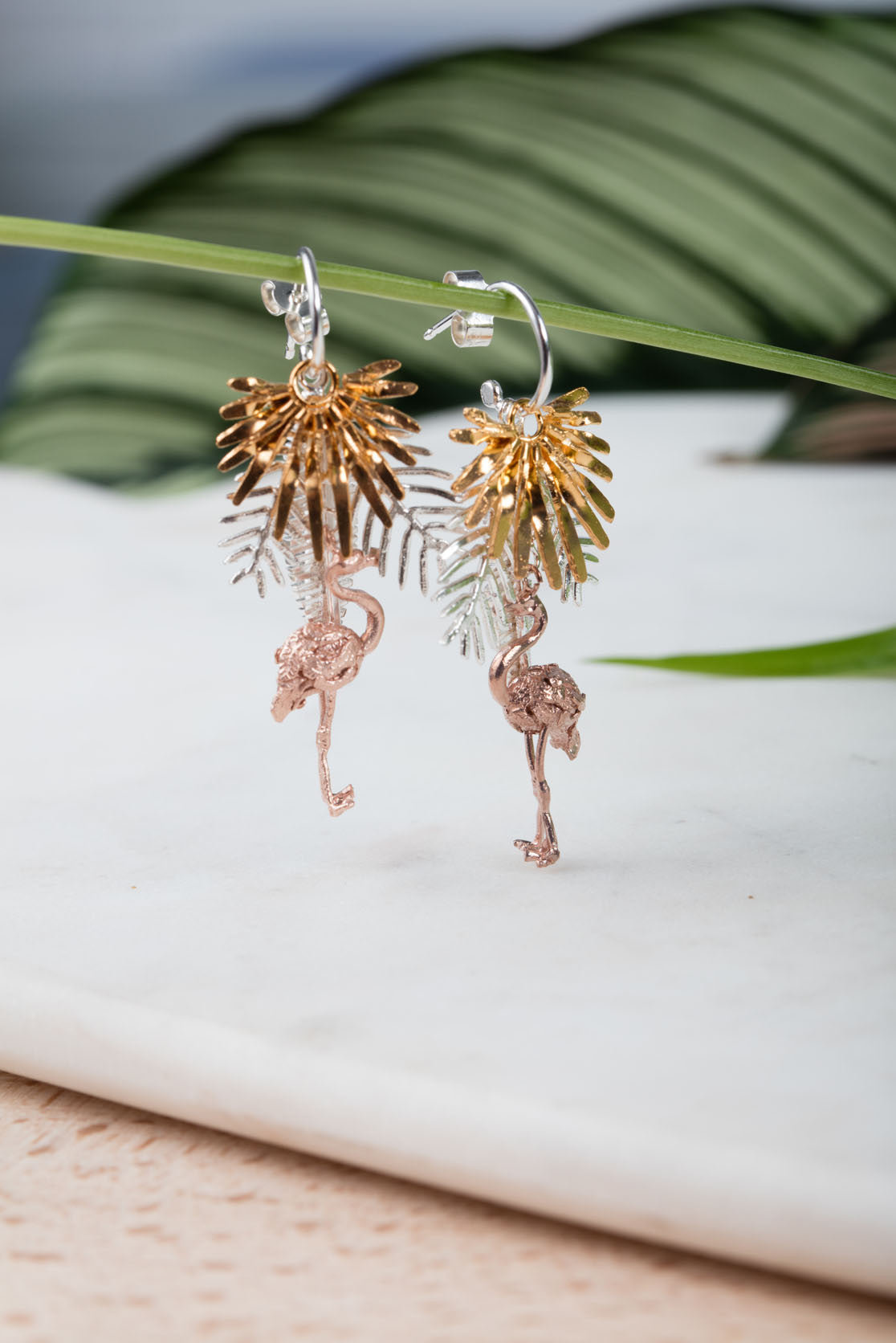 Palm Leaves and Flamingo Earrings